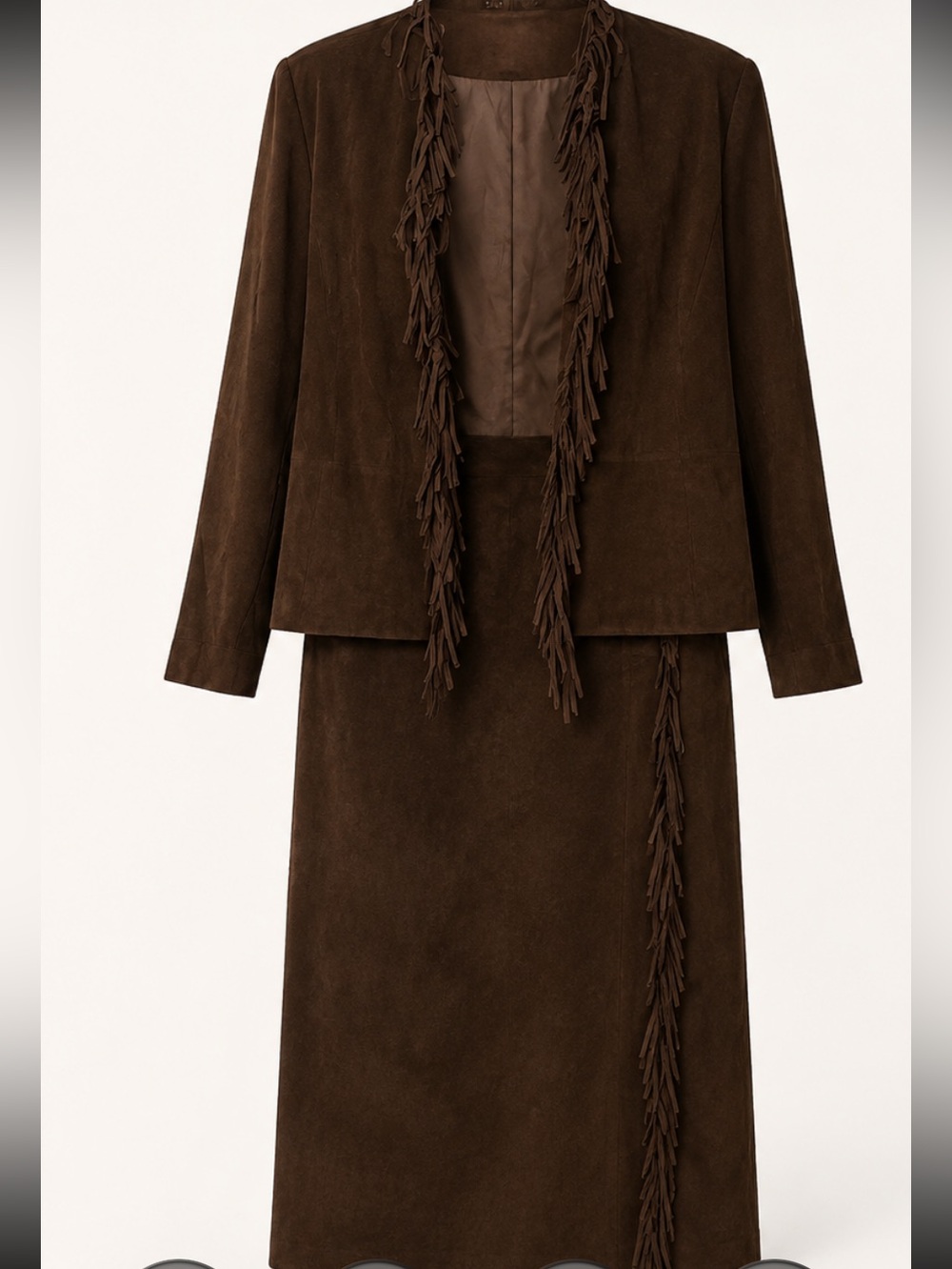 Norton Mcnaughton Brown Fringe Faux Suede Jacket and skirt set size 12
